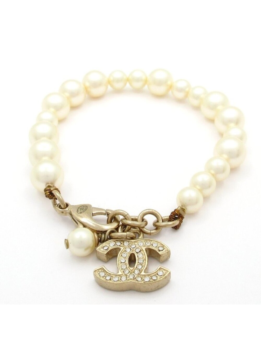 Chanel Bracelet CC Logo Ivory Gold Faux Pearl Rhinestone